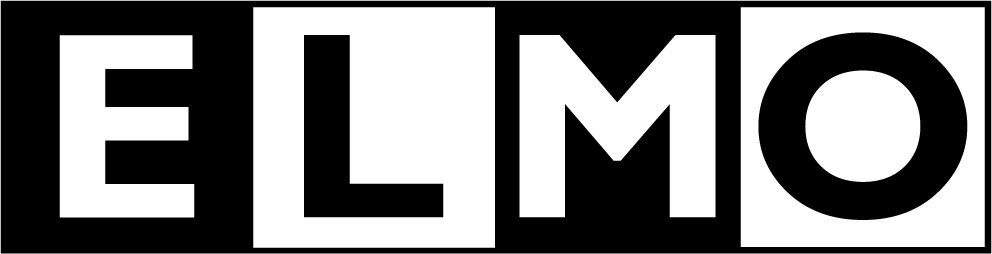 Bold black text spelling "ELMO" on a white background, with each letter in a separate square.