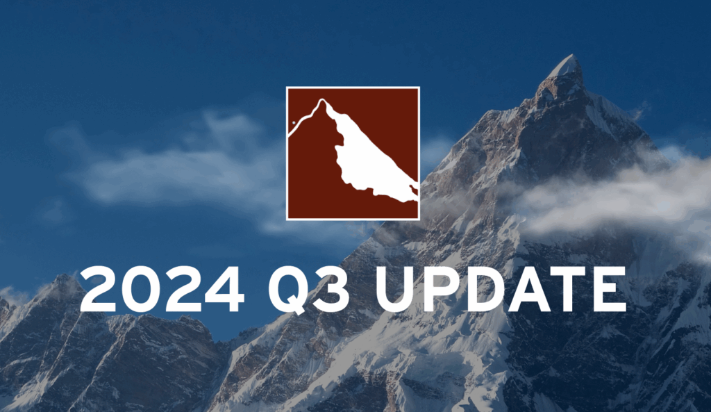 2024 Q3 Update text overlay on mountain landscape with logo, signifying growth and progress.