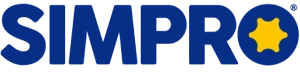 SIMPRO logo with blue letters and a yellow star shape inside the letter "O".