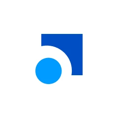 Blue and white abstract geometric logo featuring a circle and square on a white background.