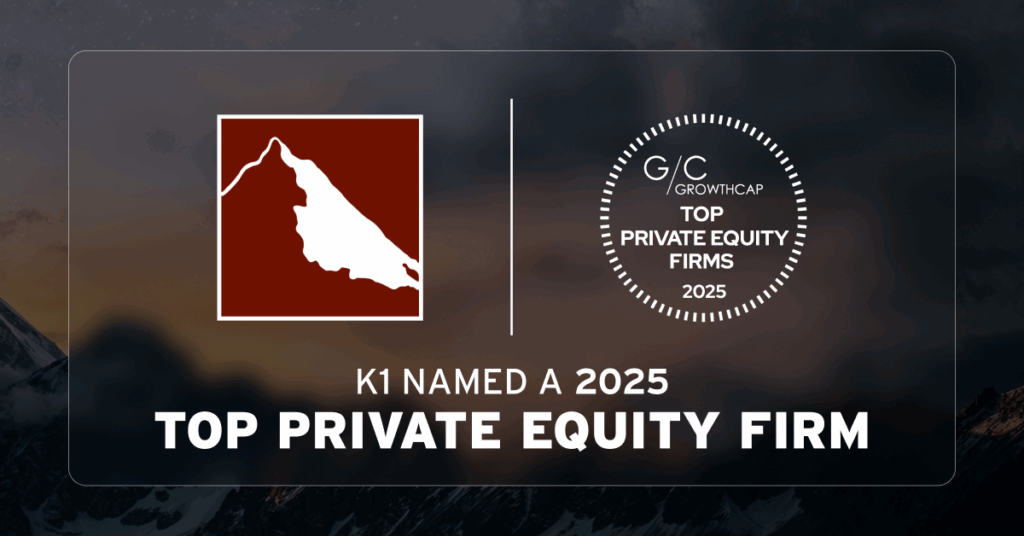 K1 recognized as a top private equity firm for 2025 by GrowthCap, featuring a mountain logo on a dark background.