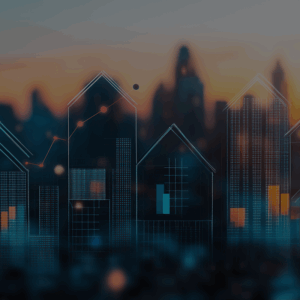 Futuristic cityscape with digital graphs overlay, depicting data and analytics in urban environment.