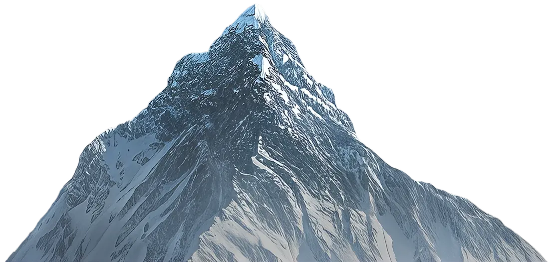 Snow-covered mountain peak against a clear blue sky, showcasing rugged, icy slopes and sharp summit.
