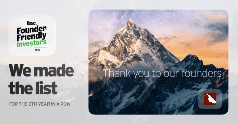 Mountain peak with a sunset backdrop and text, "Thank you to our founders."